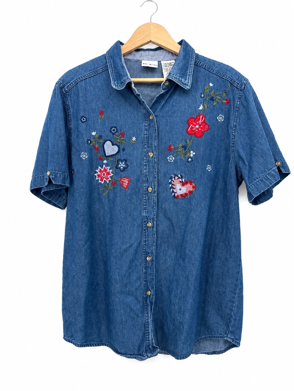 Bobbie Brooks Blue Embroidered Denim Shirt Top Button Up Grannycore Size Large
